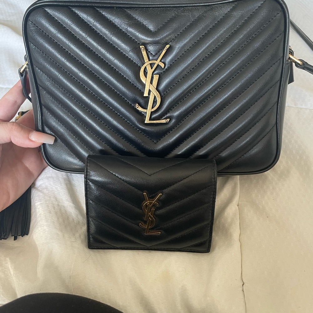 Saint Laurent Lou Camera Bag in quilted leather, with matching card case.